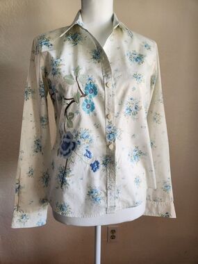 Cream Button-Down Shirt with Blue Floral Embroidery